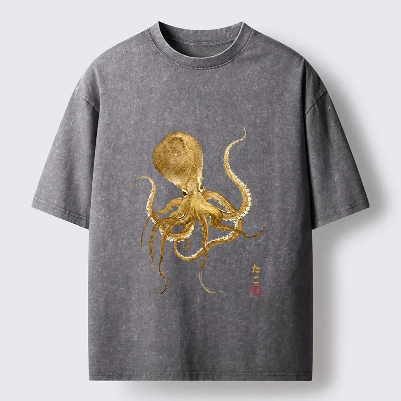Tokyo-Tiger Japanese Style Octopus Painting Washed T-Shirt Sale