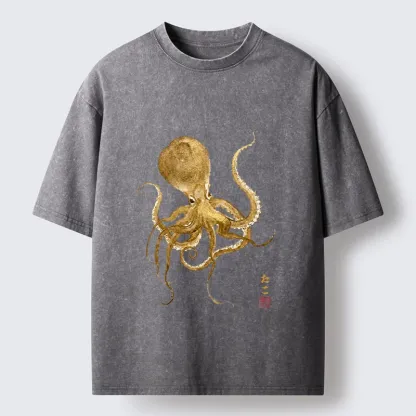 Tokyo-Tiger Japanese Style Octopus Painting Washed T-Shirt