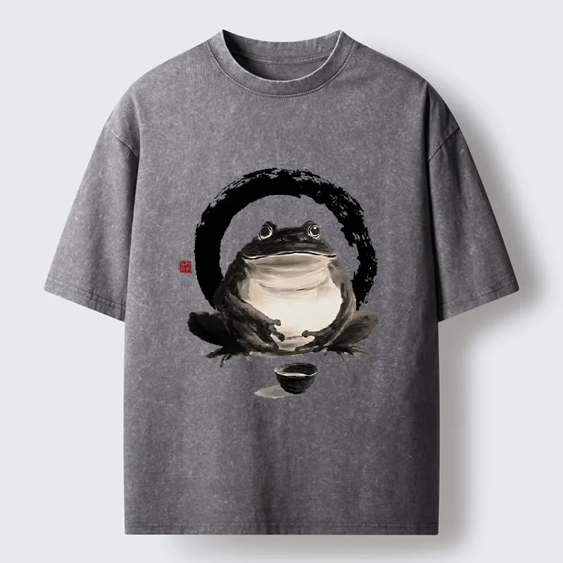 Tokyo-Tiger Zen Frog With A Tea Bowl Washed T-Shirt