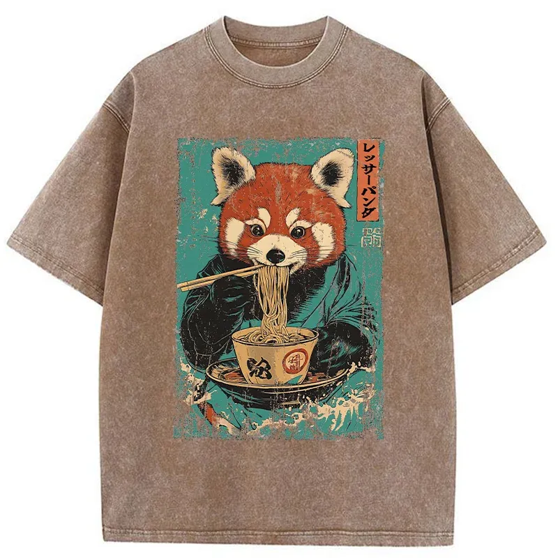 Tokyo-Tiger Raccoon Eating Ramen Washed T-Shirt