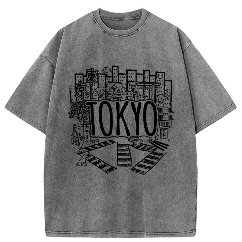 Tokyo-Tiger Cityscape Of Tokyo Washed T-Shirt