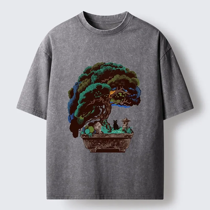 Tokyo-Tiger Black Cat Hiding In A Bonsai Pot Washed T-Shirt