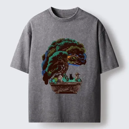 Tokyo-Tiger Black Cat Hiding In A Bonsai Pot Washed T-Shirt
