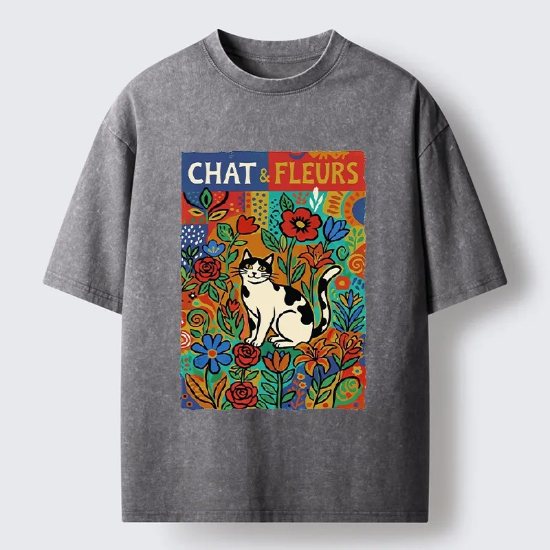 Tokyo-Tiger Colorful Cat And Floral Art Washed T-Shirt