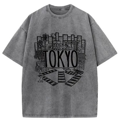 Tokyo-Tiger Cityscape Of Tokyo Washed T-Shirt