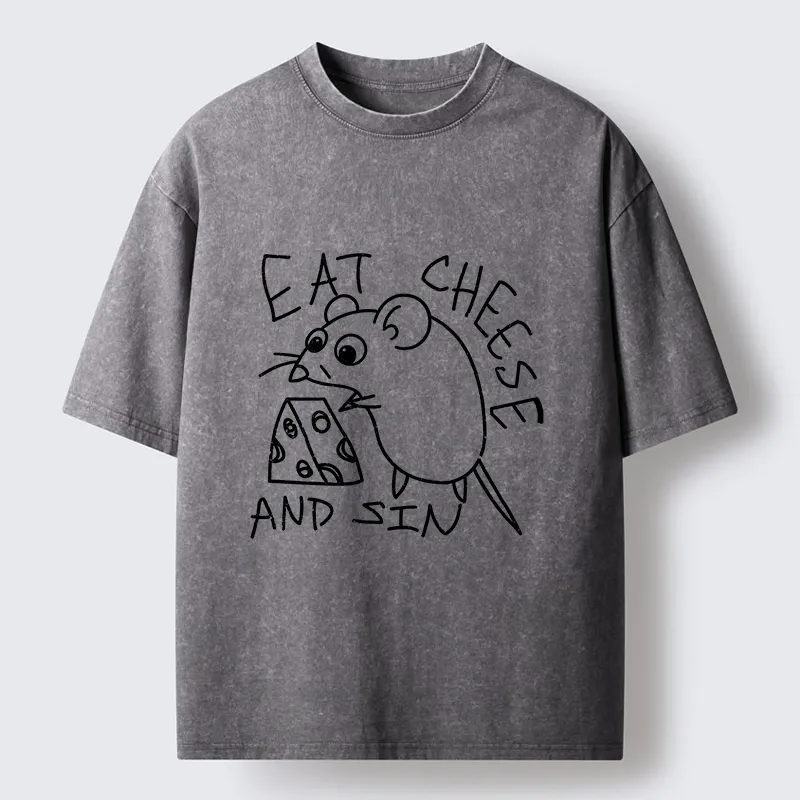 Tokyo-Tiger Cheese Obsessed Mouse Funny Art Washed T-Shirt