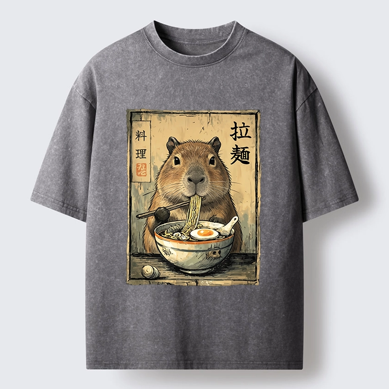 Tokyo-Tiger Capybara Enjoying A Bowl Of Ramen Washed T-Shirt