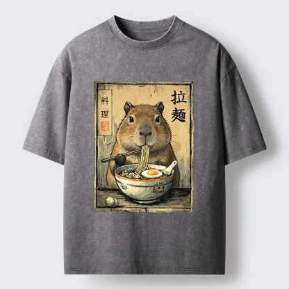 Tokyo-Tiger Capybara Enjoying A Bowl Of Ramen Washed T-Shirt