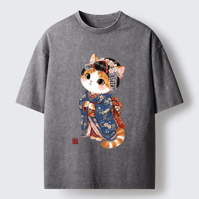 Tokyo-Tiger Cat Dressed As A Geisha Funny Washed T-Shirt