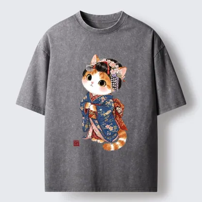 Tokyo-Tiger Cat Dressed As A Geisha Funny Washed T-Shirt