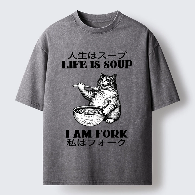Tokyo-Tiger Cat Eating Soup With A Fork Washed T-Shirt