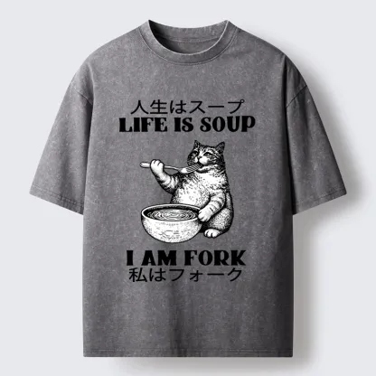 Tokyo-Tiger Cat Eating Soup With A Fork Washed T-Shirt