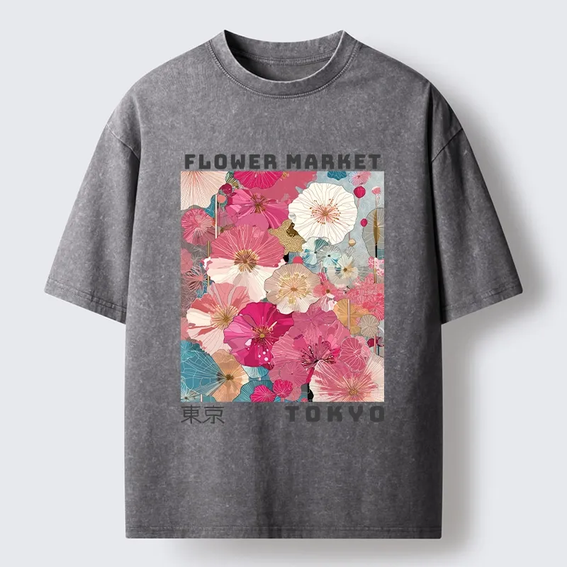 Tokyo-Tiger Market Colorful Floral Art Washed T-Shirt
