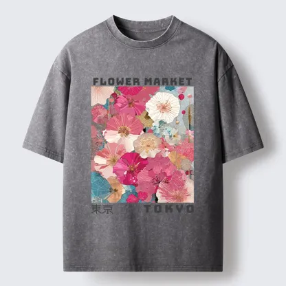 Tokyo-Tiger Market Colorful Floral Art Washed T-Shirt