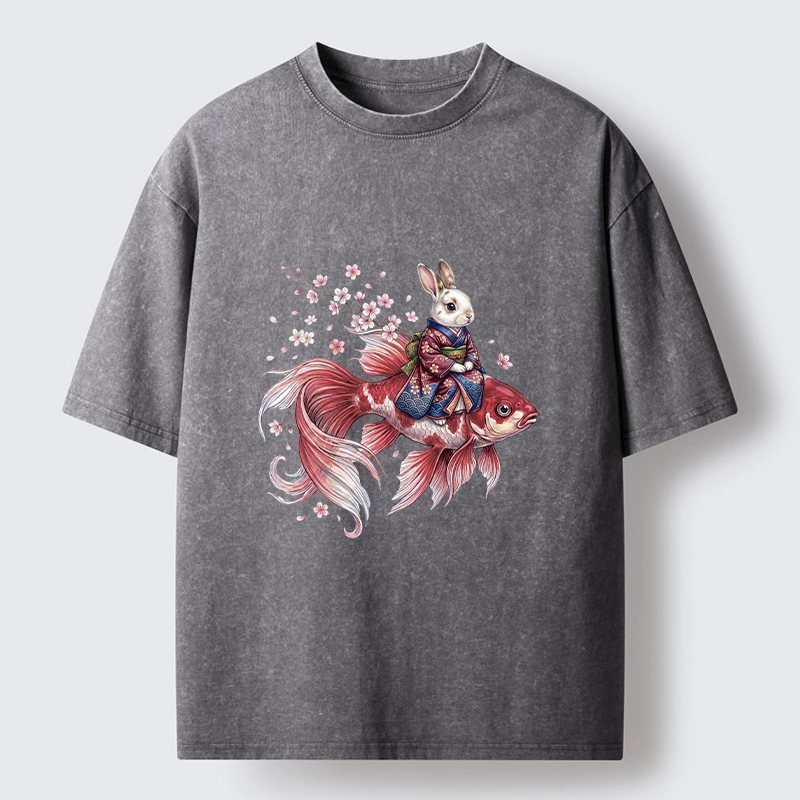 Tokyo-Tiger Japanese Style Rabbit And Koi Fish Washed T-Shirt