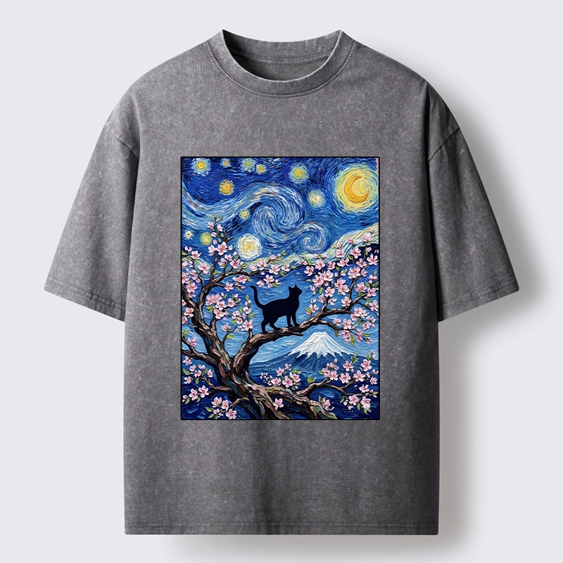 Tokyo-Tiger Van Gogh Style Cat With Mount Fuji Washed T-Shirt
