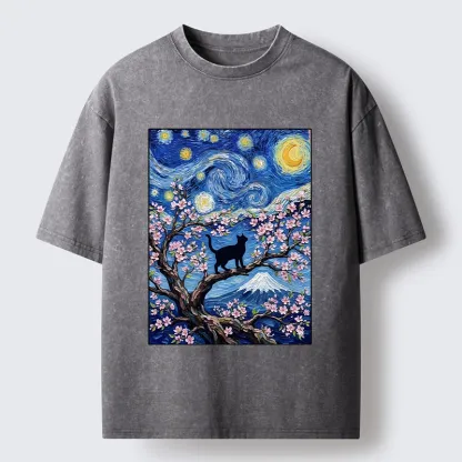 Tokyo-Tiger Van Gogh Style Cat With Mount Fuji Washed T-Shirt