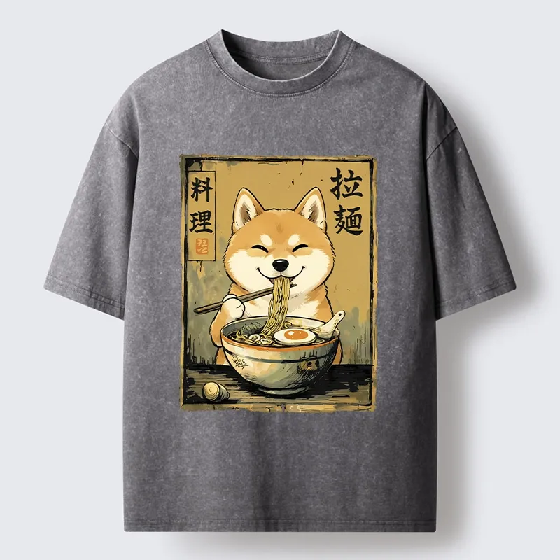 Tokyo-Tiger Happy Shiba Eating Ramen Washed T-Shirt