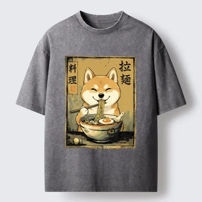 Tokyo-Tiger Happy Shiba Eating Ramen Washed T-Shirt