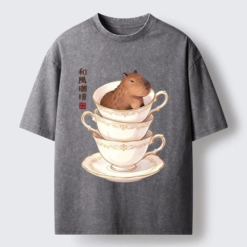 Tokyo-Tiger Japanese Coffee Capybara In A Teacup Washed T-Shirt