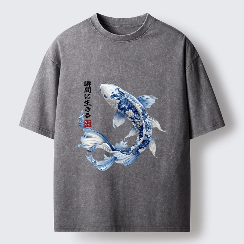 Tokyo-Tiger Blue And White Koi Fish Japanese Art Print Washed T-Shirt