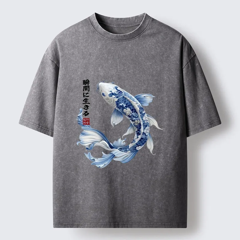 Tokyo-Tiger Blue And White Koi Fish Japanese Art Print Washed T-Shirt