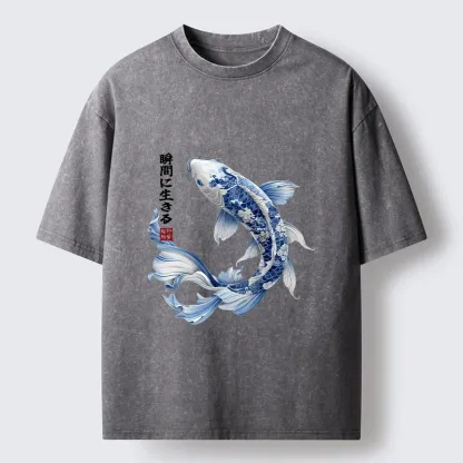 Tokyo-Tiger Blue And White Koi Fish Japanese Art Print Washed T-Shirt