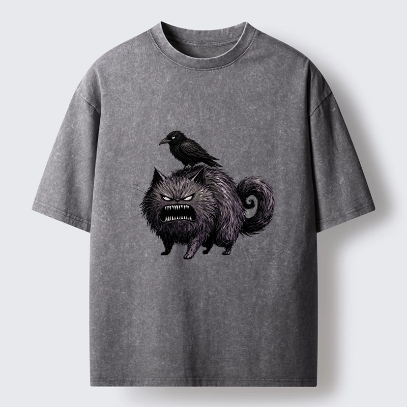 Tokyo-Tiger Angry Black Cat With Crow On Its Back Washed T-Shirt