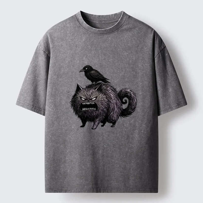 Tokyo-Tiger Angry Black Cat With Crow On Its Back Washed T-Shirt