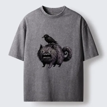 Tokyo-Tiger Angry Black Cat With Crow On Its Back Washed T-Shirt