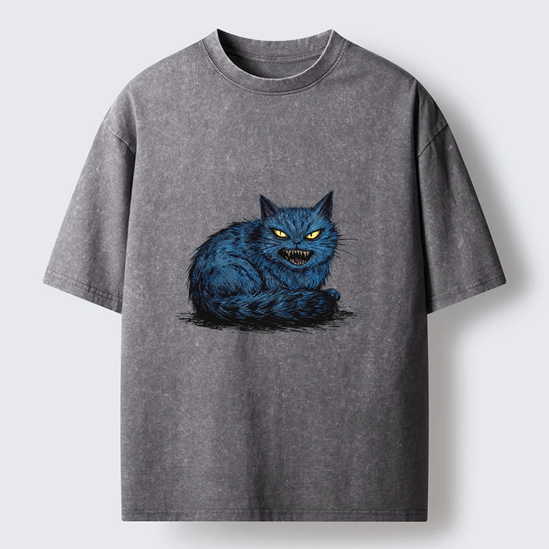 Tokyo-Tiger Fierce Blue Cat With Sharp Teeth Art Washed T-Shirt