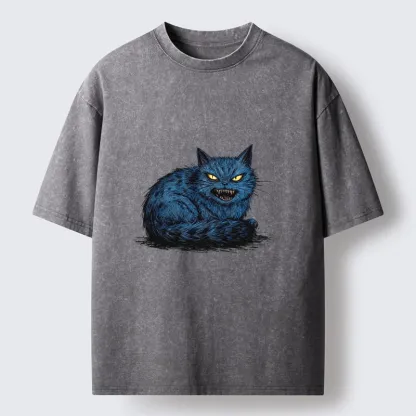 Tokyo-Tiger Fierce Blue Cat With Sharp Teeth Art Washed T-Shirt