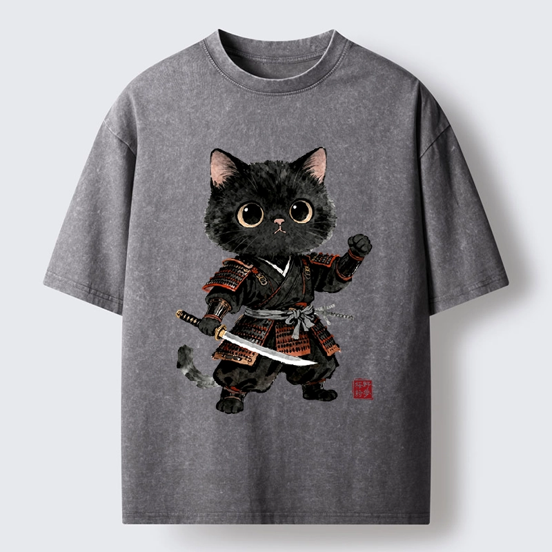 Tokyo-Tiger Samurai Black Cat With Katana Cute Art Washed T-Shirt