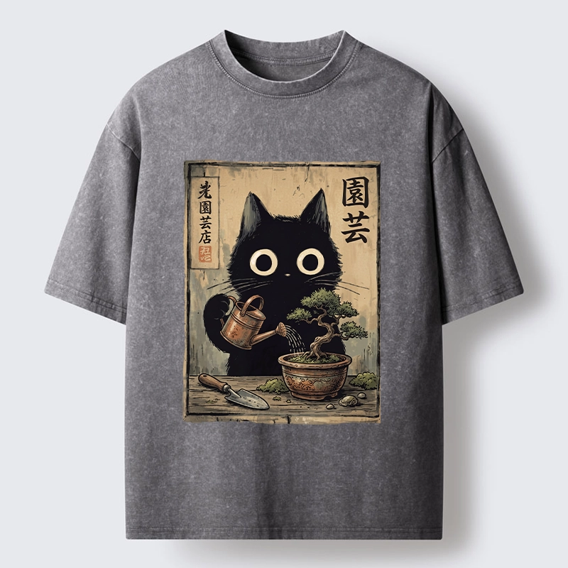 Tokyo-Tiger Black Cat Watering Bonsai Tree Washed T-Shirt