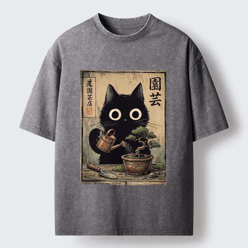 Tokyo-Tiger Black Cat Watering Bonsai Tree Washed T-Shirt