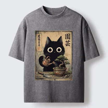 Tokyo-Tiger Black Cat Watering Bonsai Tree Washed T-Shirt
