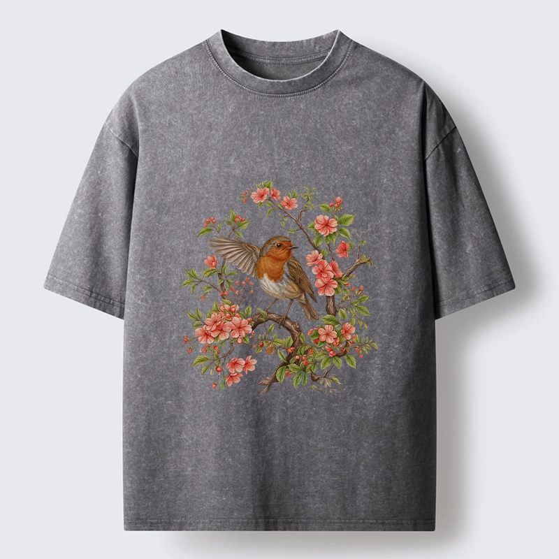 Tokyo-Tiger Beautiful Robin And Spring Flowers Washed T-Shirt