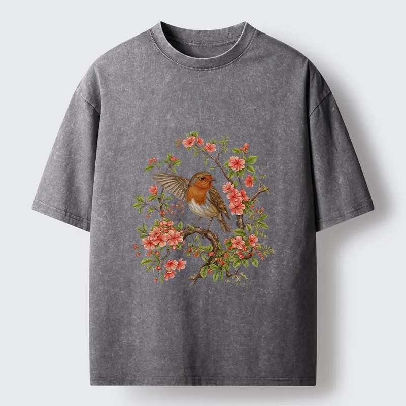 Tokyo-Tiger Beautiful Robin And Spring Flowers Washed T-Shirt