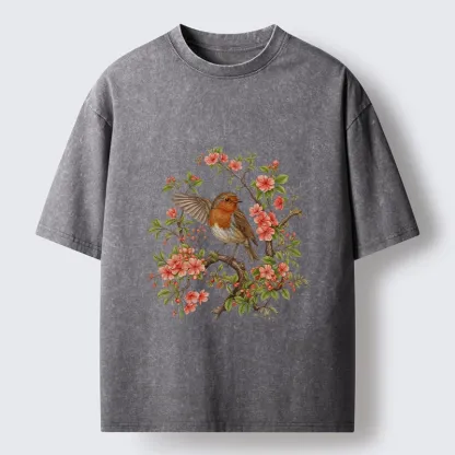 Tokyo-Tiger Beautiful Robin And Spring Flowers Washed T-Shirt