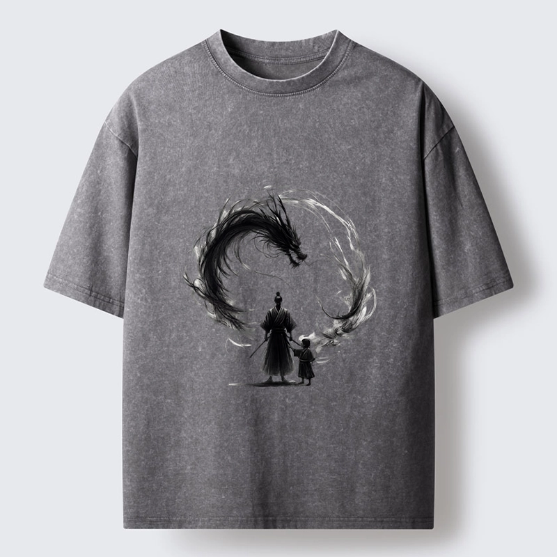 Tokyo-Tiger Samurai And Dragon Fatherhood Washed T-Shirt
