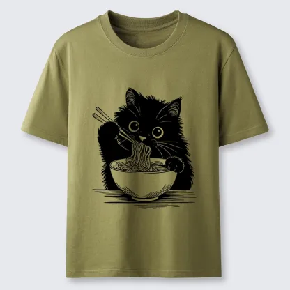Tokyo-Tiger Black Cat Eating Ramen Funny Line Art Classic T-Shirt