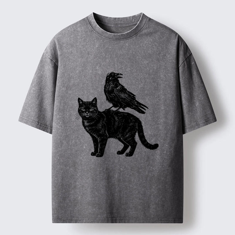 Tokyo-Tiger Funny Meme About Spooky Cat And Crow Washed T-Shirt