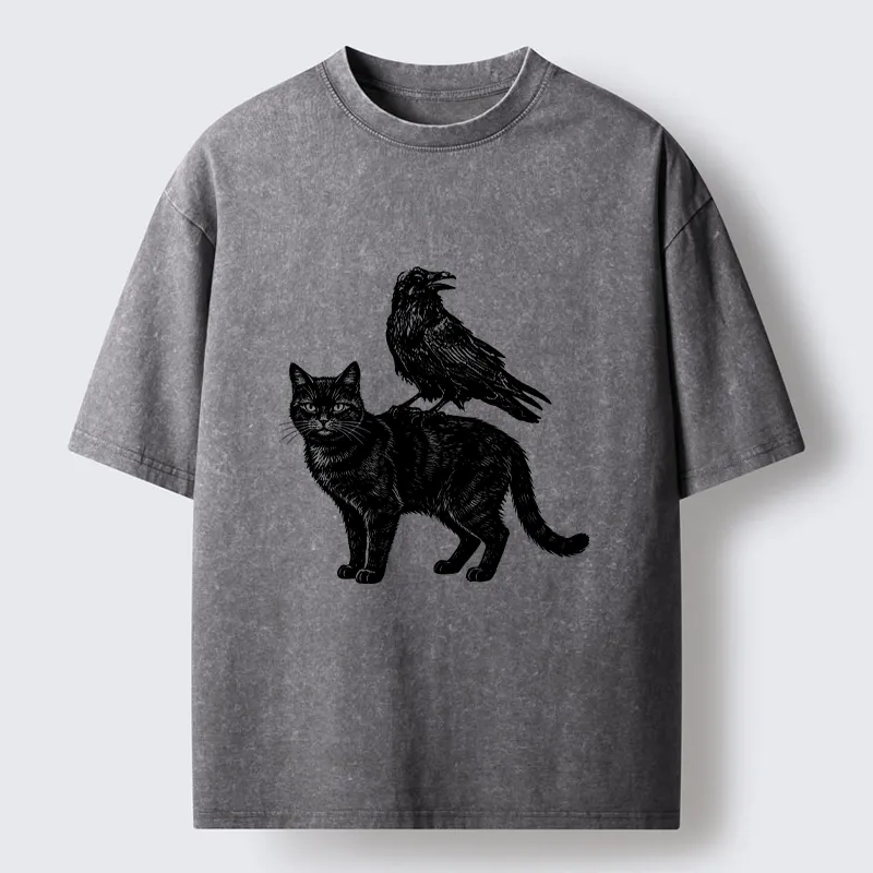 Tokyo-Tiger Funny Meme About Spooky Cat And Crow Washed T-Shirt