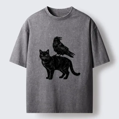 Tokyo-Tiger Funny Meme About Spooky Cat And Crow Washed T-Shirt