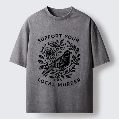 Tokyo-Tiger Floral Bird Art With A Dark Twist Washed T-Shirt