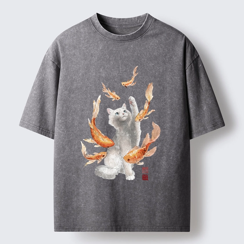 Tokyo-Tiger Fluffy Cat Chasing Koi Fish Dreams Washed T-Shirt