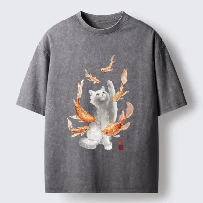 Tokyo-Tiger Fluffy Cat Chasing Koi Fish Dreams Washed T-Shirt