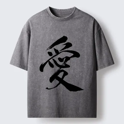 Tokyo-Tiger Japanese Kanji Love In Brush Strokes Washed T-Shirt