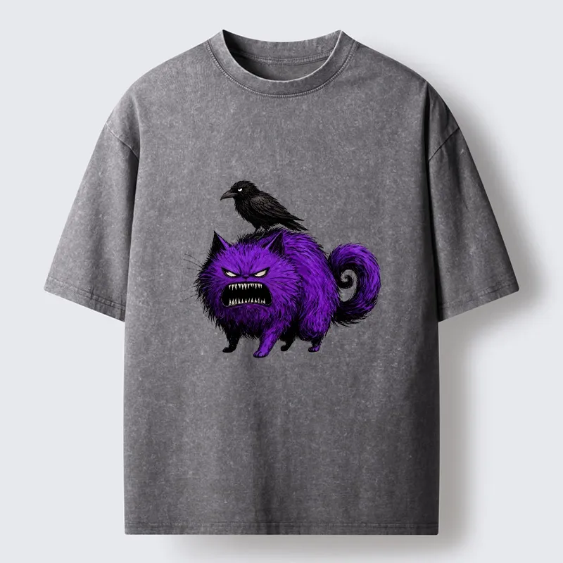 Tokyo-Tiger Spooky Purple Cat Ready To Attack Washed T-Shirt