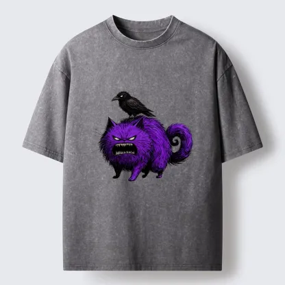 Tokyo-Tiger Spooky Purple Cat Ready To Attack Washed T-Shirt